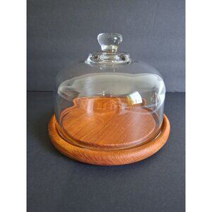 Vintage MCM Cloche Cheese Server With Glass Dome Lid Solid Teak Base
